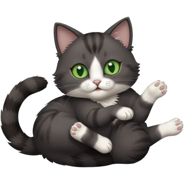dark grey cat with green eyes, white toes/paws and white patch on her chest playfully rolling upside down emoji