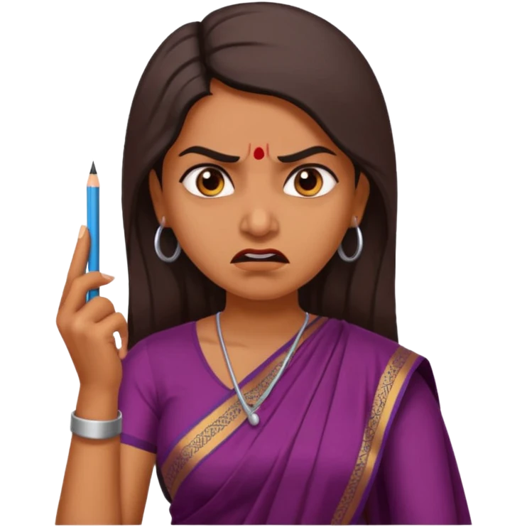 generate an indian female teacher calling. looking mad. Dressed in a saree emoji