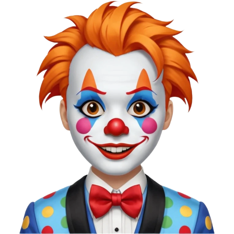 Orange hair styled in upward tufts.

White face paint, red nose, red lips, and thin black eyebrows.

Wearing a colorful patchwork clown suit with a big blue bow tie.

Happy, cheerful smile. emoji