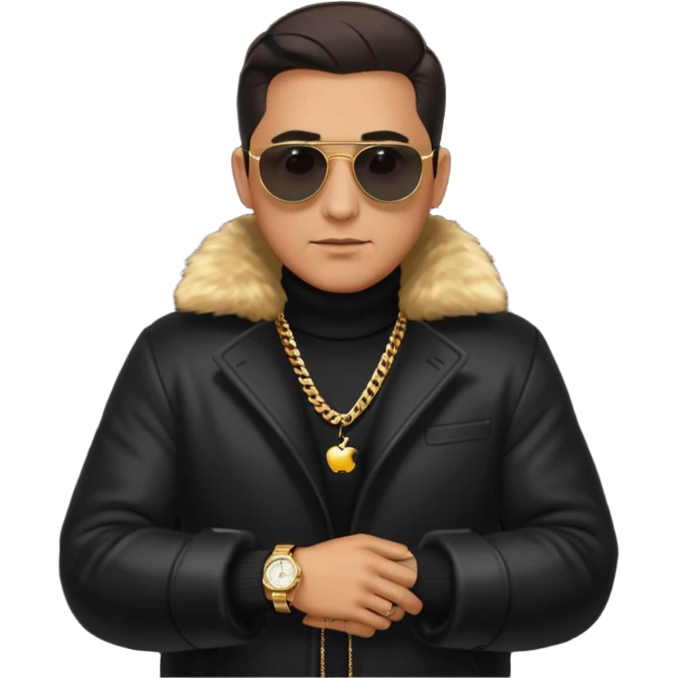 bearded man with slicked back hair, wearing dark sunglasses, a luxurious fur coat over a black turtleneck, gold chains and a watch, minimalist flat design, glossy Apple emoji style, simple facial features, centered full-body icon on white background emoji