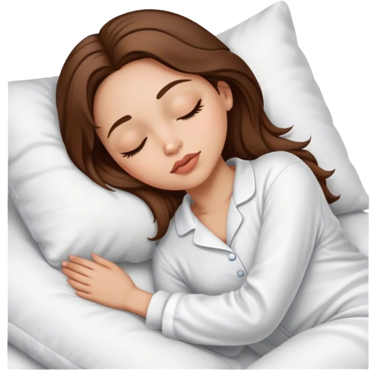 IOS emoji woman, light skin, medium-length brown hair, brown eyes, big lips, sleep in white pyjamas  emoji