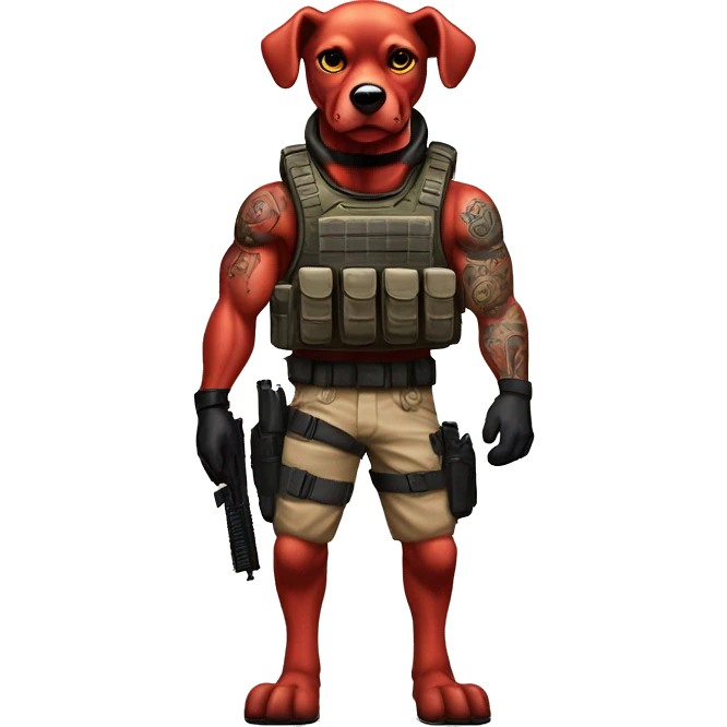 Black ops 6 Desert storm humanoid Clifford the red dog muscled with tattoos on arms book illustration as a military call of duty character standing alone with submachine  emoji