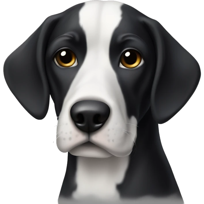 a Geman pointer dog with a dark black coat and white markings (white belly, feet, and tail tip), no black spots on white markings. Head is completely black with small white stain on the snout above the black nose. emoji