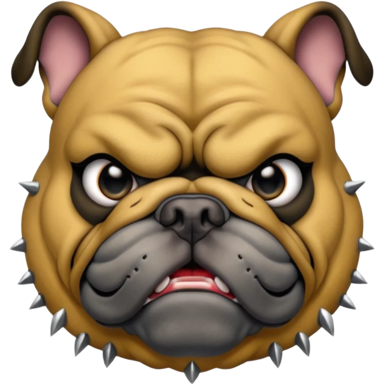 Create a fierce bulldog head emoji facing forward.
Strong jaw, deep wrinkles, and an intense scowl.
slight underbite with two visible fangs.
Blk & Gold gray fur with bold highlights and shading for depth.
Add a thick spiked collar (red or black) with shiny metallic spikes.
 emoji