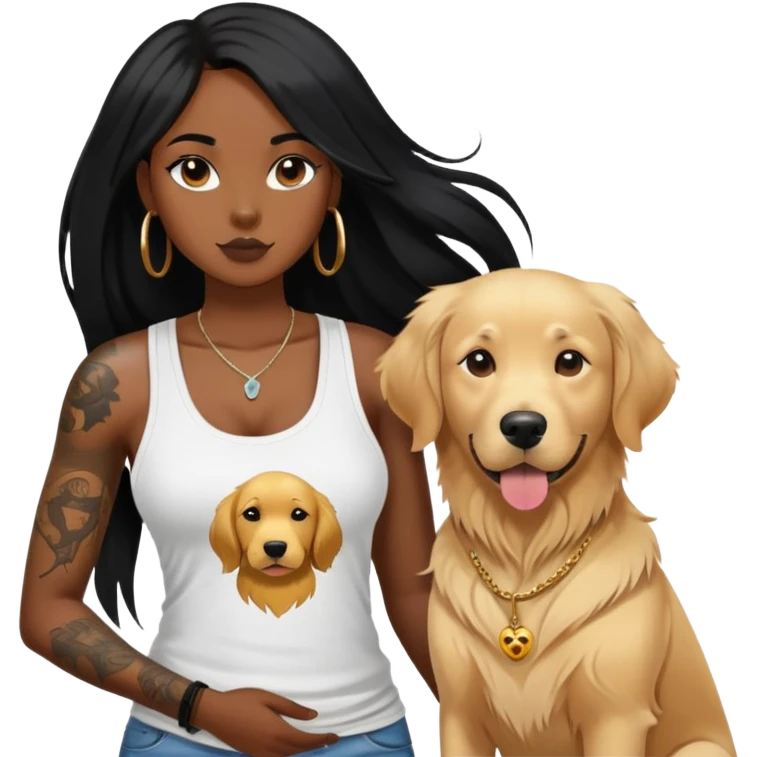 a black girl with long black  straight hair with  tattoos on the chest in the tank top and  a golden retriever emoji