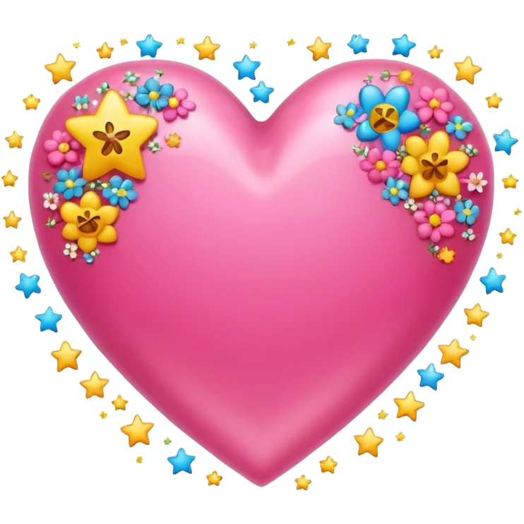 Colorful emoji-style icon of a large pink heart surrounded by sparkles, stars, and small flowers, representing overflowing love and joy. Bright and happy Apple-style emoji, glossy finish, white background. emoji