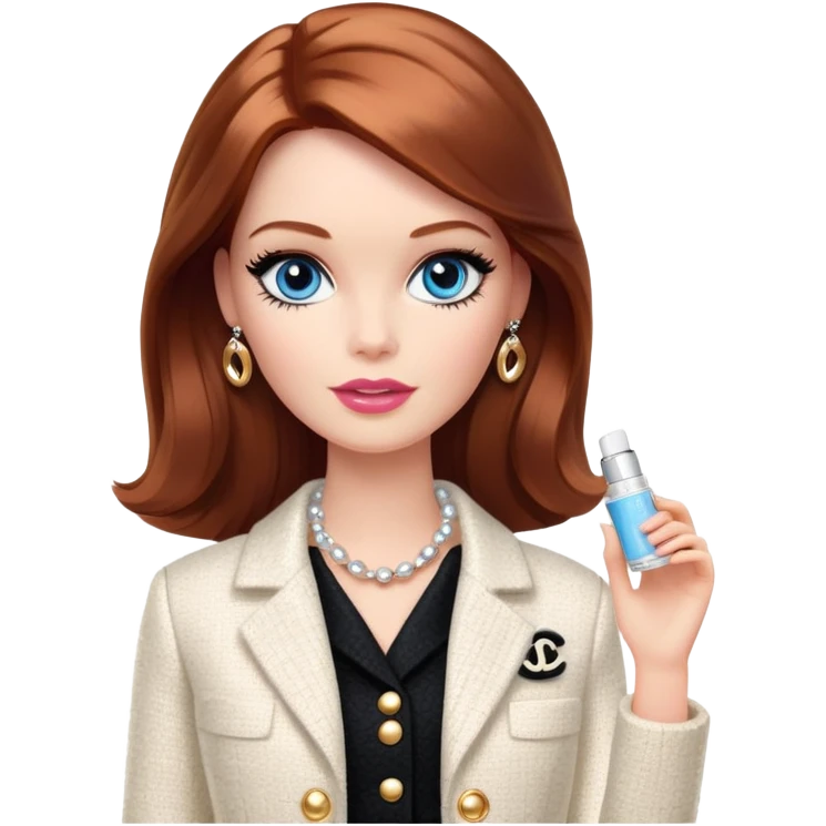A Barbie girl with blue eyes, shoulder-length reddish-brown hair with makeup, wearing a white tweed jacket and a black skirt stands with Chanel white gold cream emoji