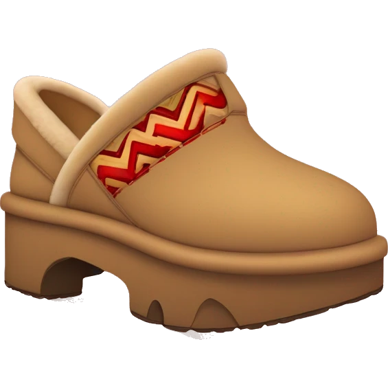 Ugg Camel slip-on slippers. red zig-zag stitch line encircling ankles, VERY chunky platform sole. emoji
