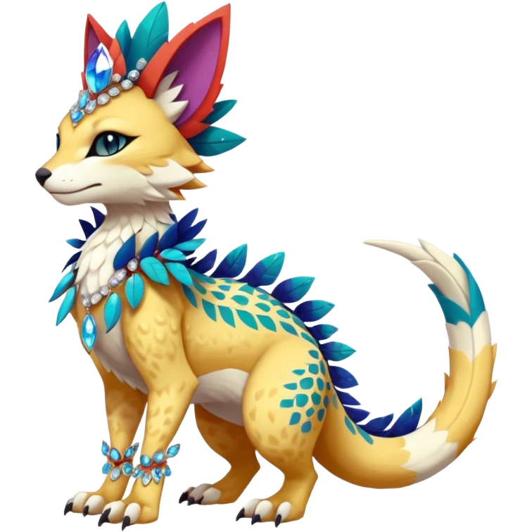 Kawaii cute colorful warm-colored exotic tropical beautiful pretty elegant divine edgy feline-vernid-sergal-Fakémon-Pokémon-fursona-animal-creature with accessories, jewelries, full body, with intricate detailed markings, feathers, crystals, fins, scales, headdress emoji