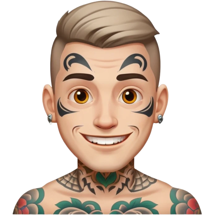white man with bold face tattoo, happy face emoji