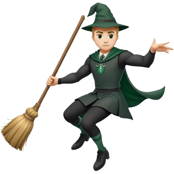A muscular strong Slytherin student in final year riding a broomstick emoji