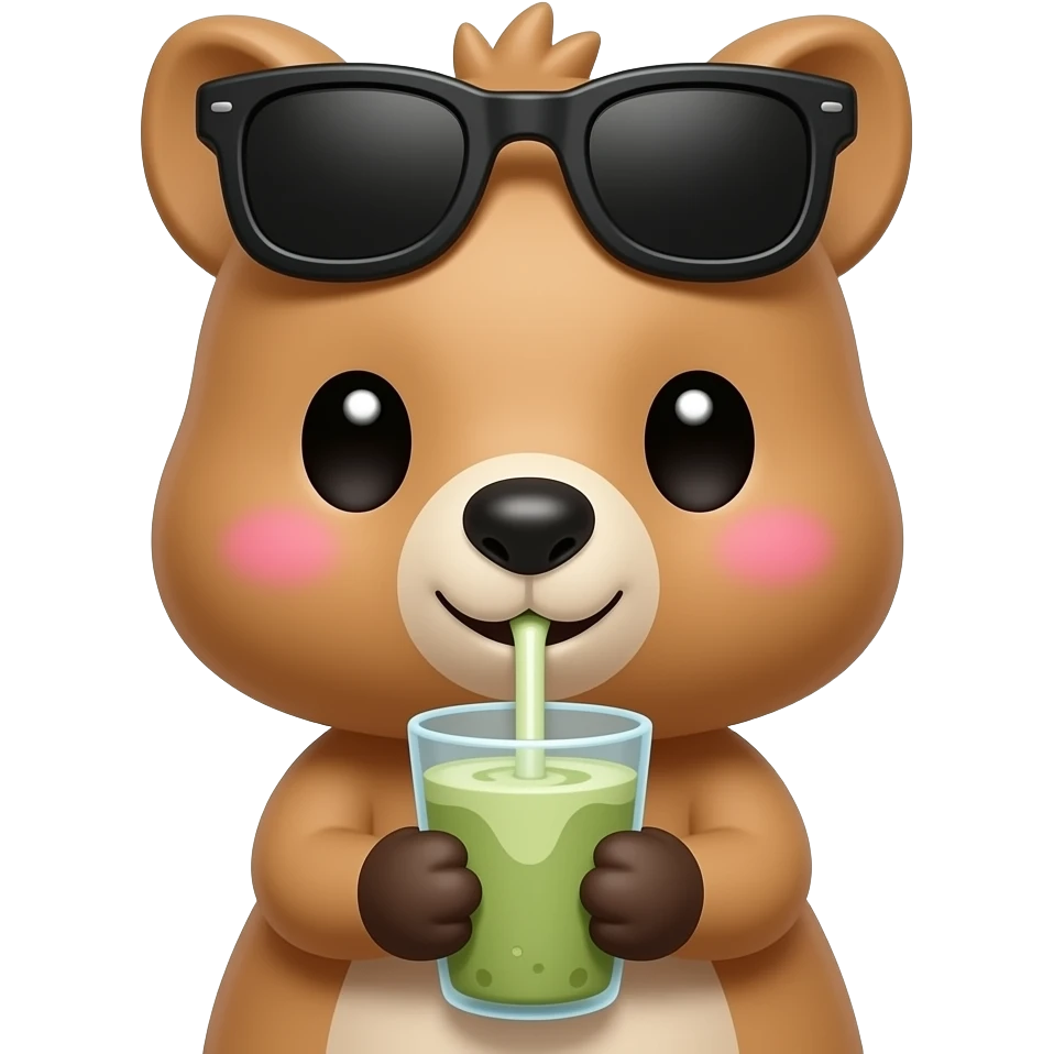 Cute quokka drinking a matcha latte with her little to hands. Show only the upper bodies of quokka, without legs. On her head, there are black sunglasses. Make sure that sunglasses are not on her eyes but on her hair. Her eyes are big and cute. She has a pink cheek. Her face is round shaped. emoji