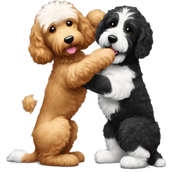 brown goldendoodle dog and black/white dog giving each other a high five emoji