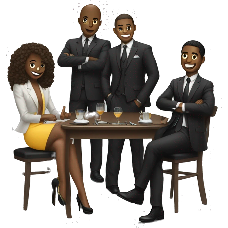 Exclusic club guys and girls wearing suits and hanging around a table emoji