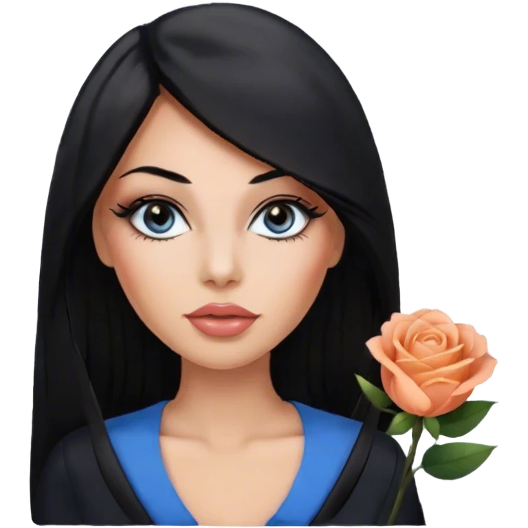 Glamours, tanned, very beautiful girl, with big pump peach-beige-rose lips, eyeliner, long long lashes, black straight smooth silky long hair, straight parting hair, blue-grey eyes in black clothes emoji