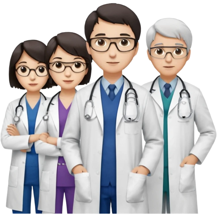 Four doctors standing together:

a female doctor with dark-colored short bob hair,

a young male doctor,

an older male doctor with white hair wearing glasses,

and a female doctor wearing glasses. emoji