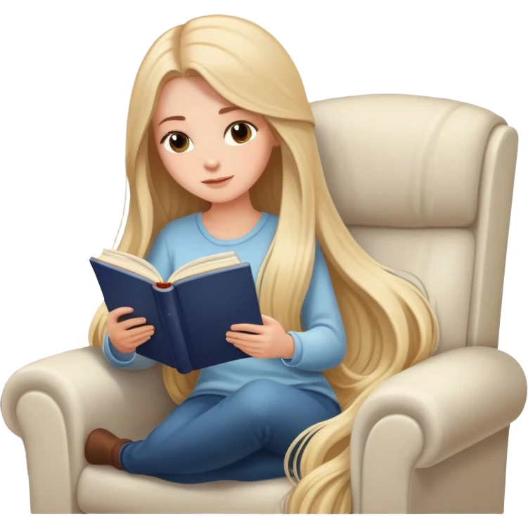 long hair white girl reading a book in cozy chair  emoji
