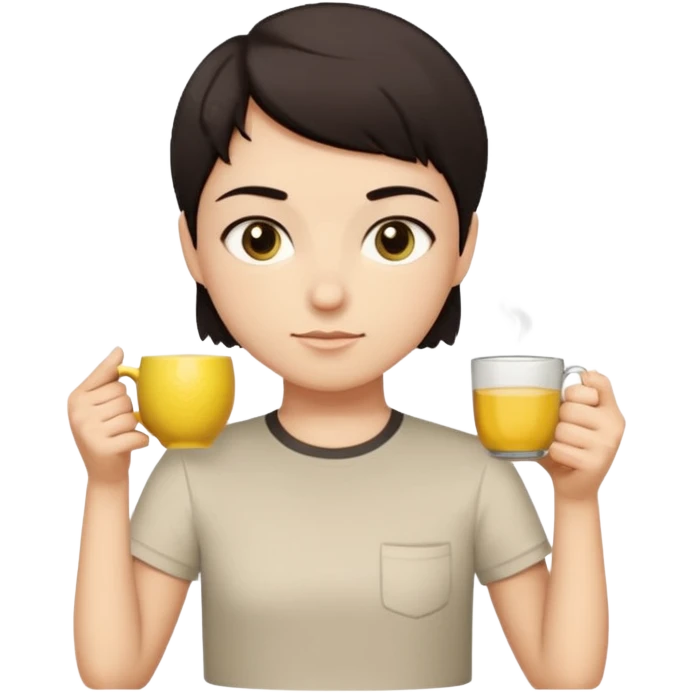 человек с короткими тёмными волосами и круглым лицом. У него спокойное, нейтральное выражение лица, тёмные глаза, аккуратные брови. Он стоит прямо на фоне светлой стены. На нём светлая футболка с небольшим рисунком. В целом образ выглядит простым и аккуратным. В руках чай с лимоном emoji
