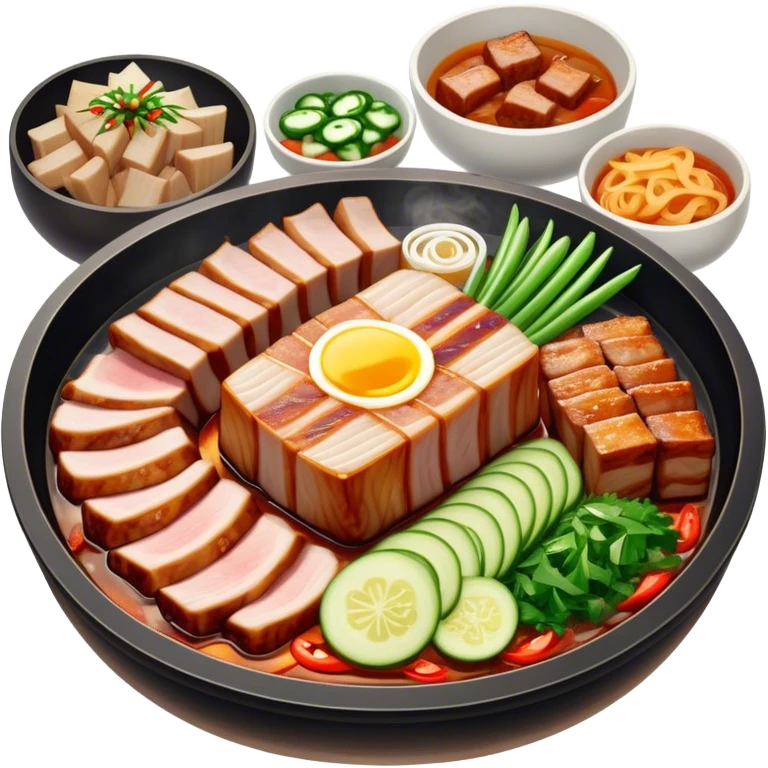 Cinematic Realistic Samgyeopsal Dish Emoji, depicted with sizzling, thick slices of pork belly grilled to perfection rendered with rich textures and warm, inviting lighting. emoji
