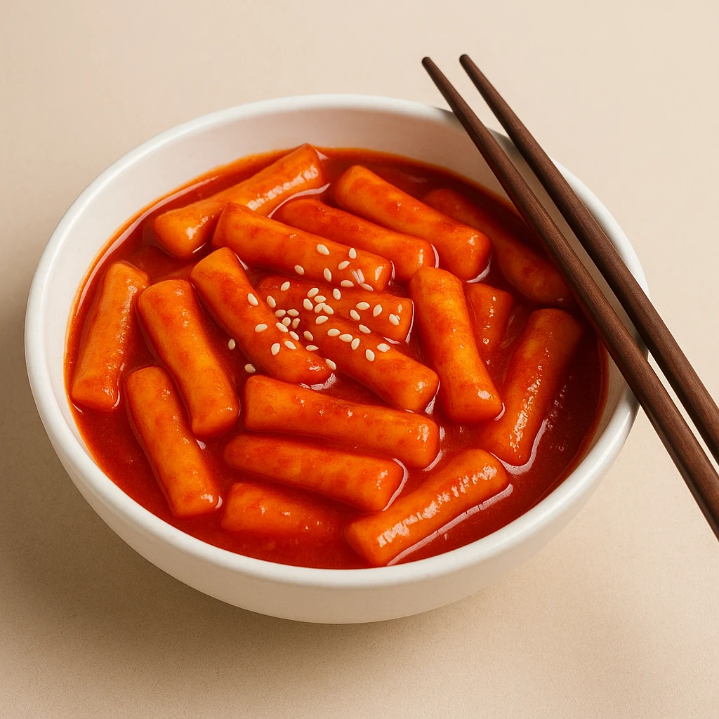 tteokbokki in a bowl, red sauce, chopsticks, simple background emoji