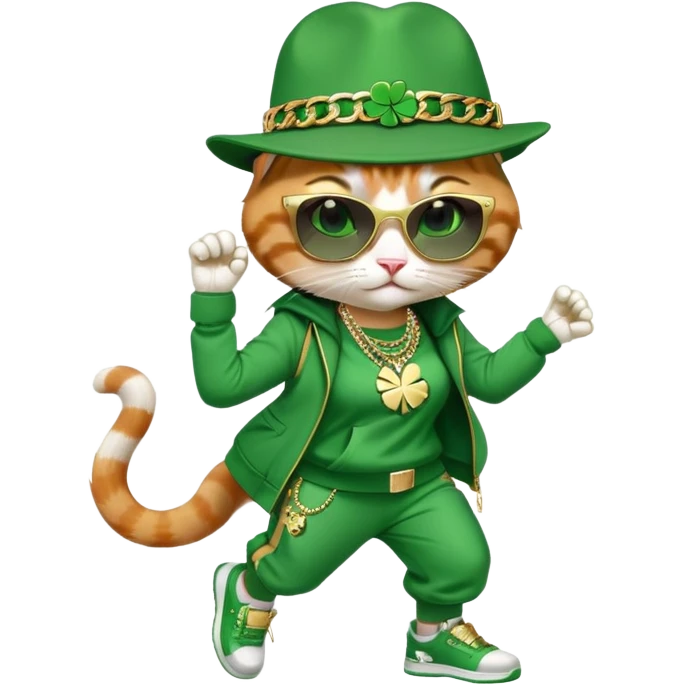 female cat wearing hip-hop Run DMC outfit with green tracksuit, fedora with shamrock, dark sunglasses, gold chains, bling accessories, St. Patrick's Day theme, break dancing emoji