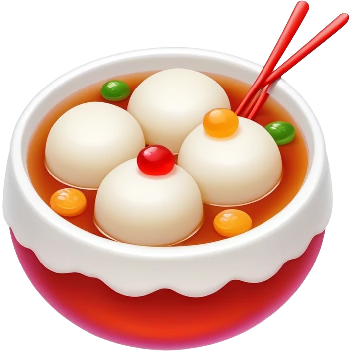 Sweet rice balls Tangyuan in syrup with colorful fillings, simplified emoji style with bold outlines and bright colors, cartoon style traditional Chinese dessert emoji