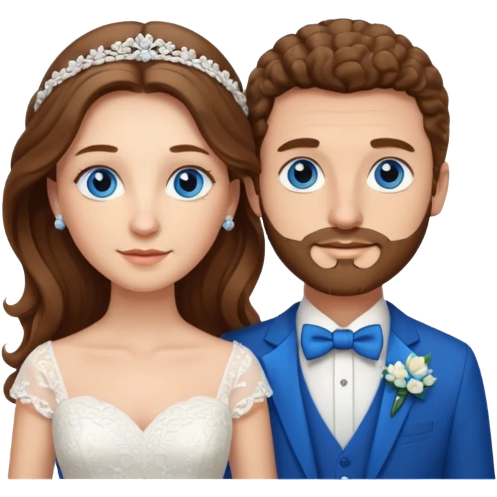 wedding couple, woman has long straight brown hair and blue eyes, man has short light brown curly hair and facial hair with blue eyes emoji