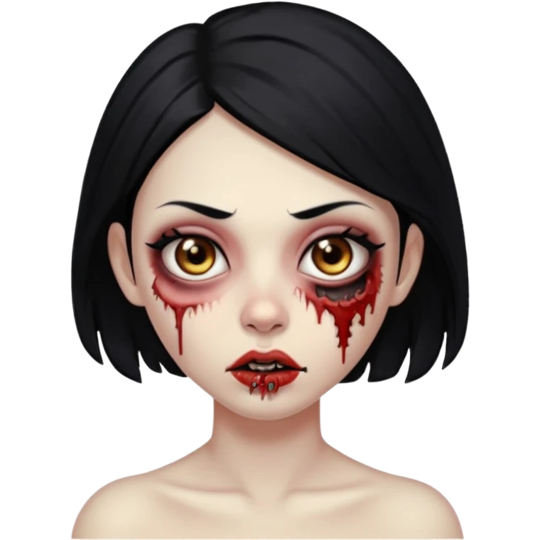 Make an emoji of a zombie woman with black hair, almond-shaped brown eyes and a labret piercing on her left lip. emoji