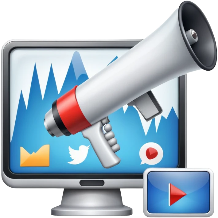 An icon featuring a megaphone, a billboard, and social media icons, symbolizing advertising and public relations. The design includes a press release and a rising graph, representing brand promotion and communication strategies. Transparent background highlights media influence and outreach. emoji