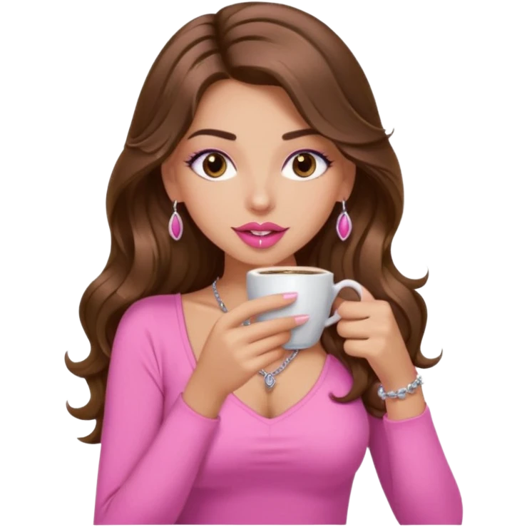 girl with long wavy brown hair, brown eyes, light to medium complexion, in a pink sexy top, pink lips, long lashes sipping coffee emoji