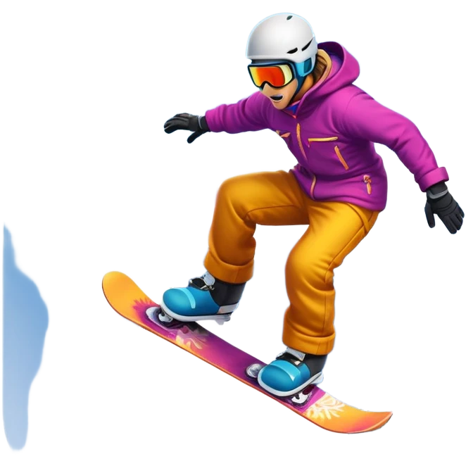 An icon showing a snowboarder performing an exciting jump on a snow-covered slope. The background features towering mountains, snow-covered trees, and a bright, clear sky. Transparent background highlights the speed, agility, and thrill of snowboarding. emoji