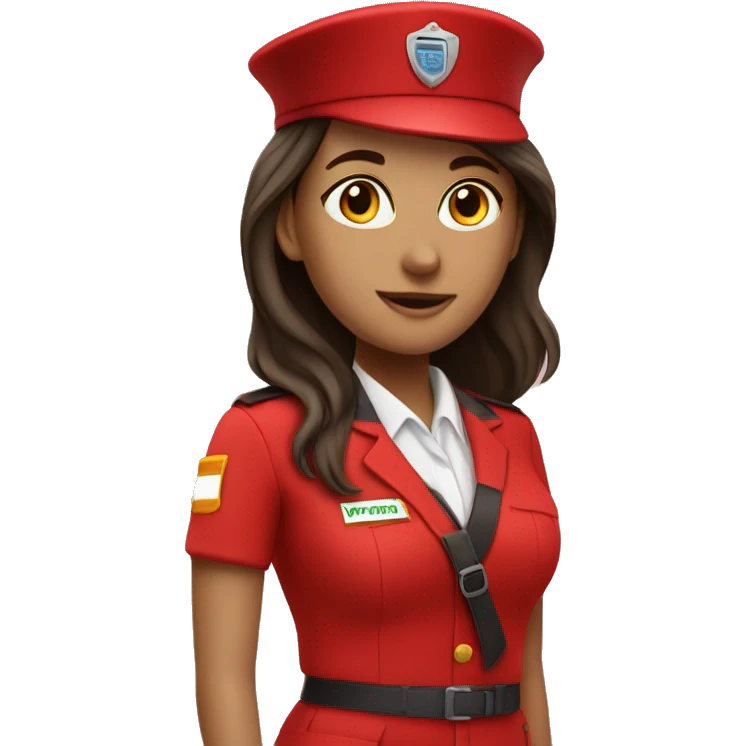 Recruitment girl in red uniform with QSense haft emoji