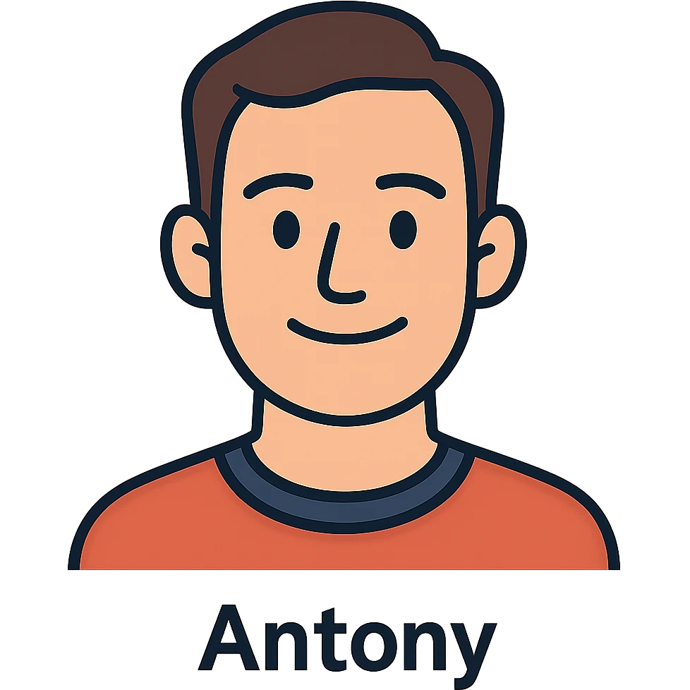 flat toon style face of a man named Antony, clean lines, friendly emoji