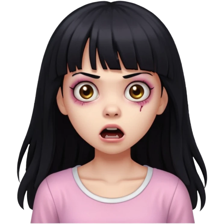 light-skinned black zombie girl with long black hair and bangs, wearing a light pink blouse, surprised expression emoji
