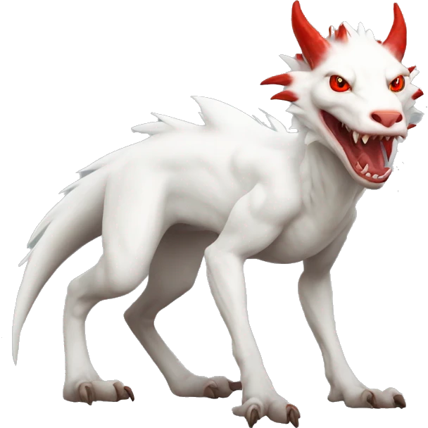 White albino sergal-vernid with red mane and red eyes, full body emoji