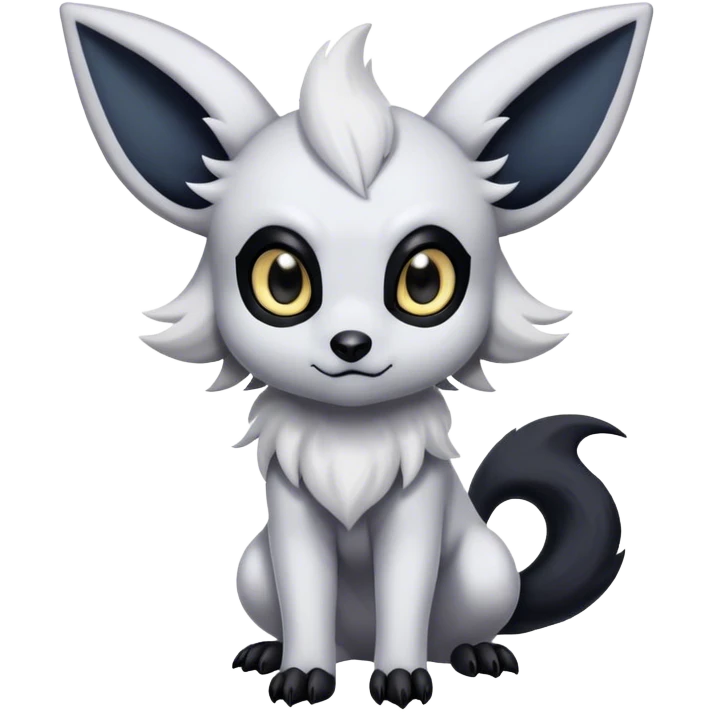 Absol-Umbreon, long thick black ears, black Scapha, black long tail, black eyes, white fur, black claws, cute big eyes, adorable emoji