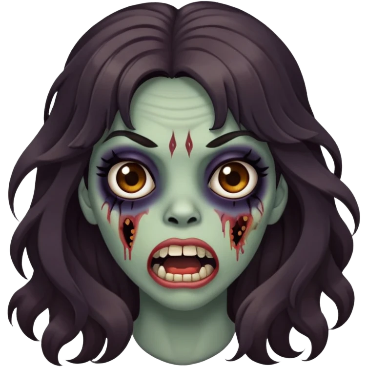 garota zumbi (cabelos ondulados escuros longos, com franja acima da sombrancelha, olhos castanhos, cilios grandes, boca grande) emoji
