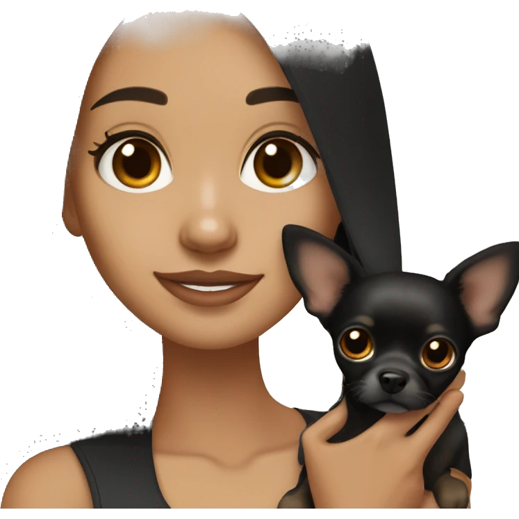 Pretty girl with long straight black hair, brown eyes, holding a black and tan chihuahua emoji