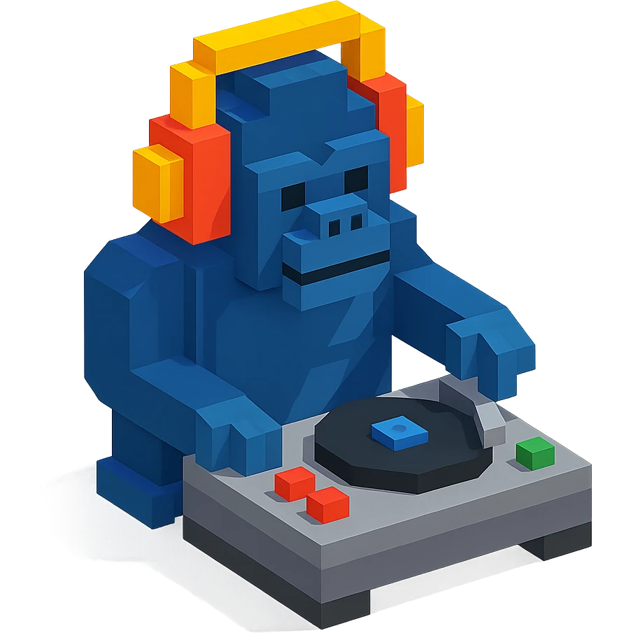 voxel style gorilla DJ with headphones and turntable, isometric view emoji