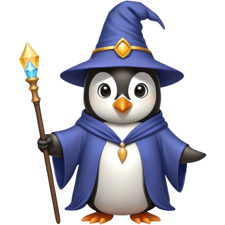 Penguin wearing wizard hat and robe holding a magic wand emoji