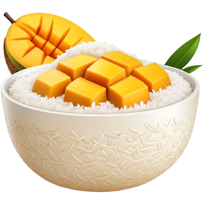 cinematic-realistic-mango-sticky-rice-dessert-emoji,-showcasing-sweet-sticky-rice out of a mould-paired-with-ripe-mango-slices-and-coconut-milk-rendered-with-lifelike-detail-and-warm,-inviting-lighting with the coconut  milk over the rice emoji