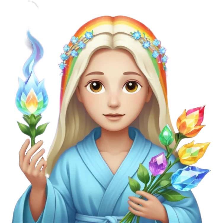 a being made of light pleidian nordic long faces but beautiful features of light with a robe on made of light and who is lanky holding a bouquet of crystal flowers on rainbow fire emoji