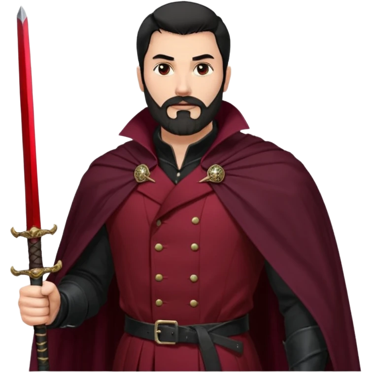 
Hombre de unos 30-40 años, alto, fuerte..
Rostro anguloso, barba bien recortada, cejas marcadas, mirada dura y orgullosa.
Castaño oscuro o negro, peinado hacia atrás.
Ropa de noble — chaqueta ajustada, capa corta, botas altas y espada al cinto. Colores oscuros (rojo vino, negro, granate) emoji