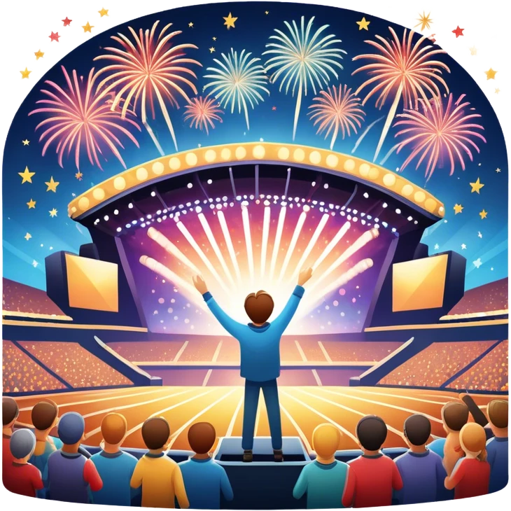 An icon showing a stadium stage with a concert in full swing, bright stage lights illuminating the performers, and fireworks bursting in the sky. The excitement of the crowd is palpable, symbolizing a love for live music and unforgettable shows. transparent background. emoji