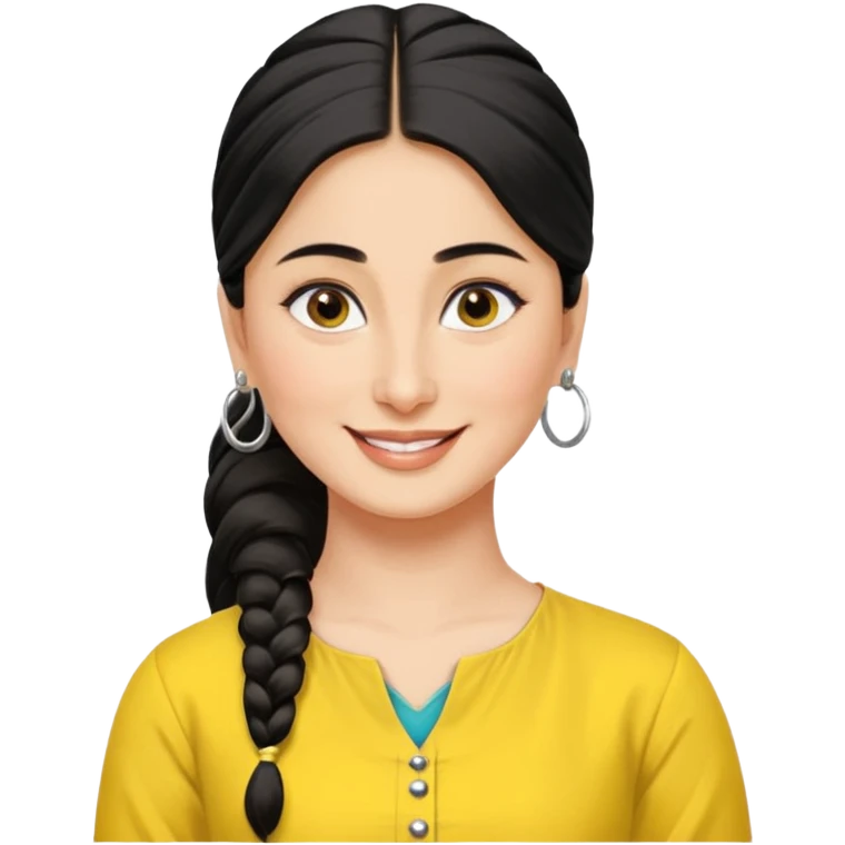 generate a pretty bratz emoji that looks like Kareena Kapoor's Geet character. 
Make her wear a yellow kurti, silver hoops, black hair in a ponytail. smiling big emoji