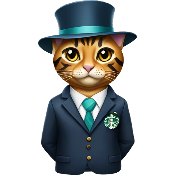 Bengal cat wearing a suit with a BOA Merrill lynch employees badge holding a Starbucks coffee  emoji
