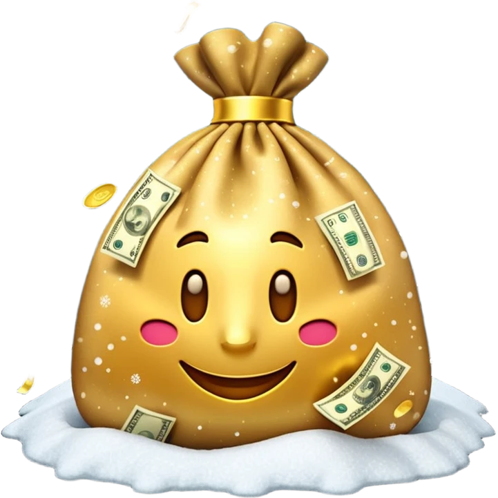 3D emoji style, money bag with dollar bills, New Year theme, snow particles, festive lighting, rich vibe, high detail, transparent background

 emoji