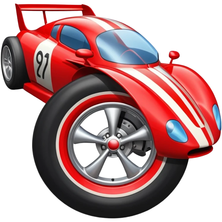 Racing car with oversized wheels and bold red stripes emoji