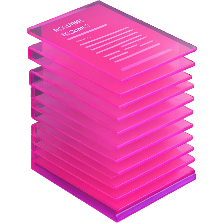 stack of resumes, transparent glass with bright pink gradient from #FF335F to #FF99AA, soft shadows and highlights, minimalistic emoji