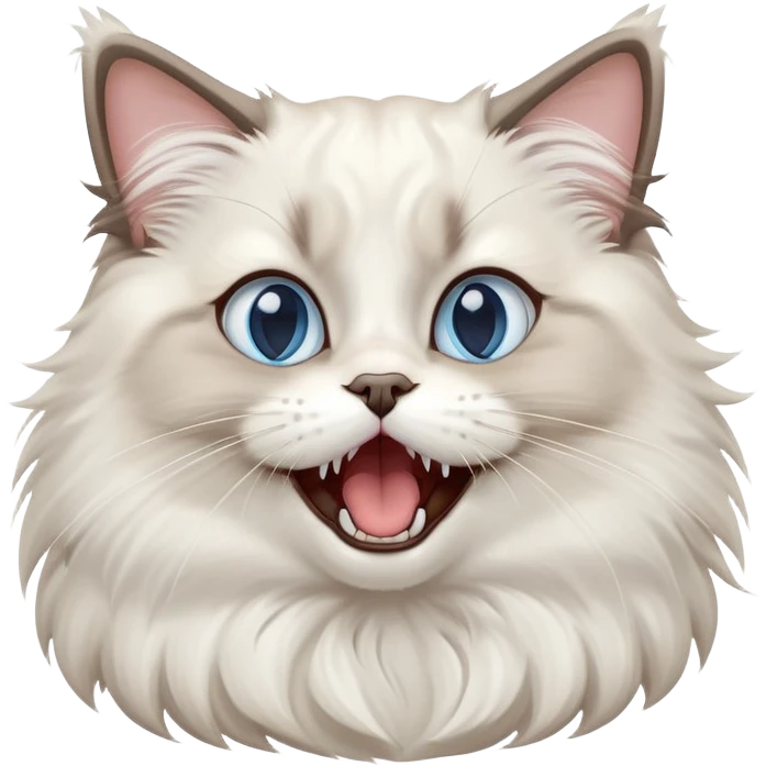 cinematic-adorable-big-eyed-fluffy-ragdoll-cat-portrait-emoji,-head-tilted-playfully-with-a-cute,-exaggerated-yawn,-white and grey fur,-simplified-yet-irresistibly-cute-features, blue eyes emoji